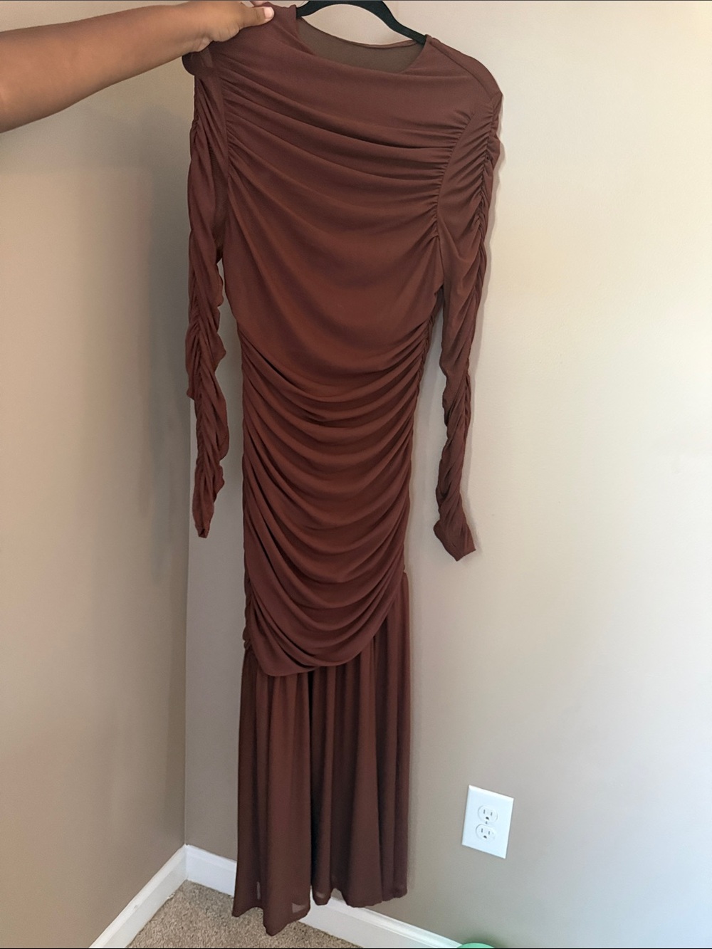 Brown Ruched Long Sleeve Maxi Dress